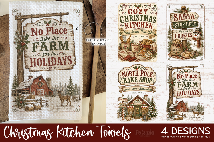 Vintage Christmas Kitchen Towel PNG Sublimation Designs