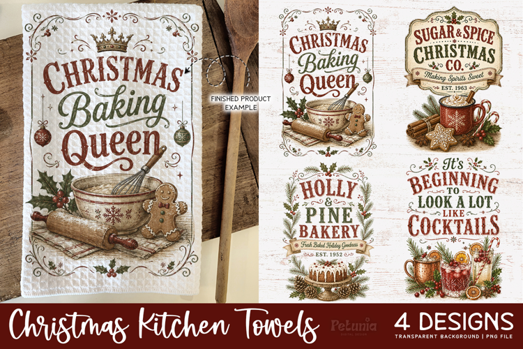 Vintage Christmas Kitchen Towel PNG Sublimation Designs