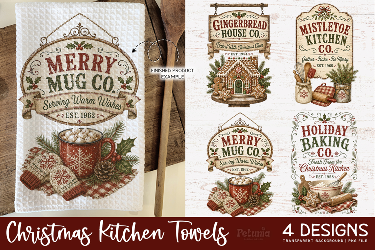 Vintage Christmas Kitchen Towel PNG Sublimation Designs