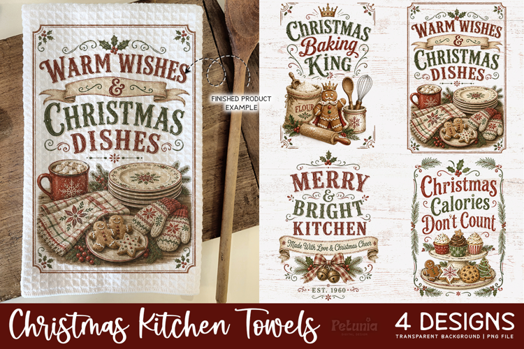 Vintage Christmas Kitchen Towel PNG Sublimation Designs