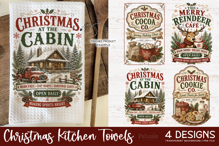 Vintage Christmas Kitchen Towel PNG Sublimation Designs