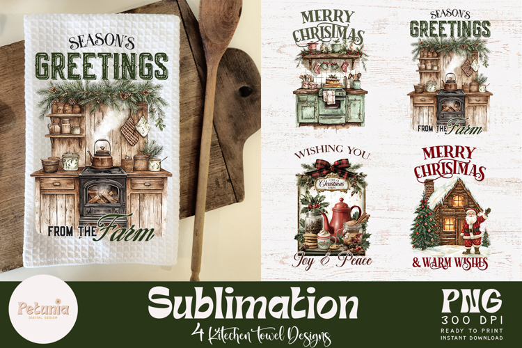 Retro Farmhouse Christmas Baking Kitchen Towel PNG