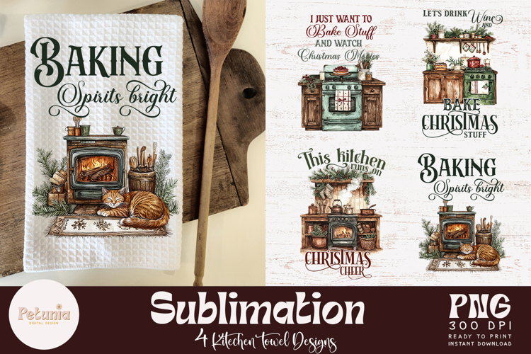 Retro Farmhouse Christmas Baking Kitchen Towel PNG