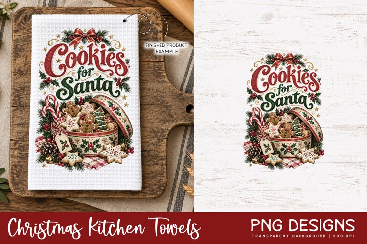 Vintage Christmas kitchen towel PNG sublimation design displayed on a white waffle tea towel mockup, alongside the original digital artwork, perfect for festive kitchen decor and handmade holiday gifts.