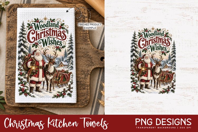 Vintage Christmas kitchen towel PNG sublimation design displayed on a white waffle tea towel mockup, alongside the original digital artwork, perfect for festive kitchen decor and handmade holiday gifts.