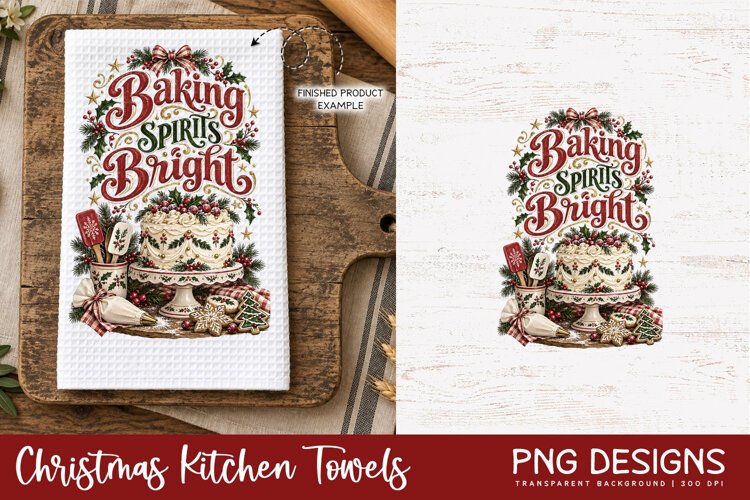 Vintage Christmas kitchen towel PNG sublimation design displayed on a white waffle tea towel mockup, alongside the original digital artwork, perfect for festive kitchen decor and handmade holiday gifts.