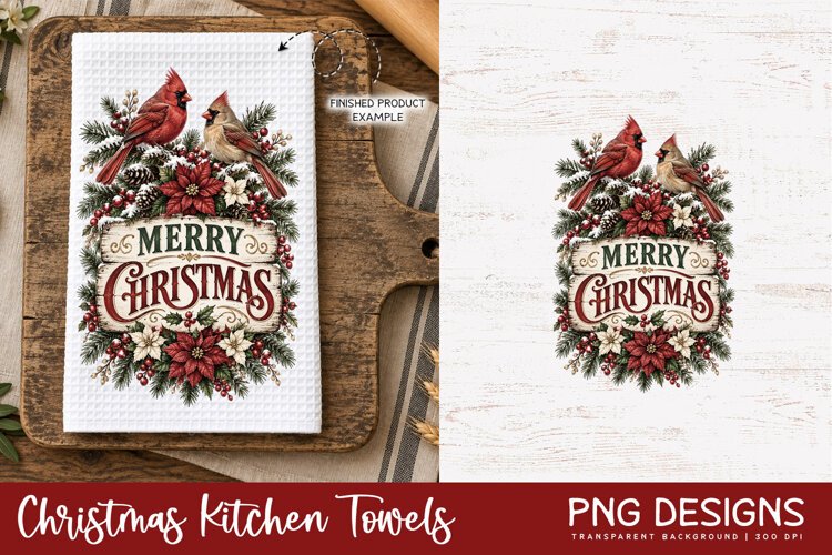 Vintage Christmas kitchen towel PNG sublimation design displayed on a white waffle tea towel mockup, alongside the original digital artwork, perfect for festive kitchen decor and handmade holiday gifts.