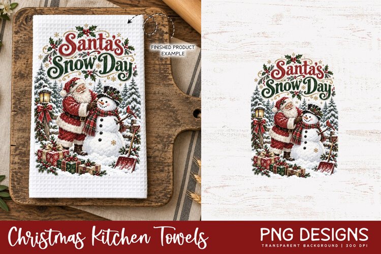 Vintage Christmas kitchen towel PNG sublimation design displayed on a white waffle tea towel mockup, alongside the original digital artwork, perfect for festive kitchen decor and handmade holiday gifts.