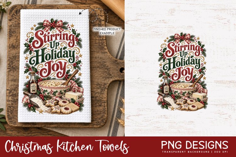 Vintage Christmas kitchen towel PNG sublimation design displayed on a white waffle tea towel mockup, alongside the original digital artwork, perfect for festive kitchen decor and handmade holiday gifts.