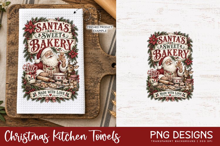 Vintage Christmas kitchen towel PNG sublimation design displayed on a white waffle tea towel mockup, alongside the original digital artwork, perfect for festive kitchen decor and handmade holiday gifts.