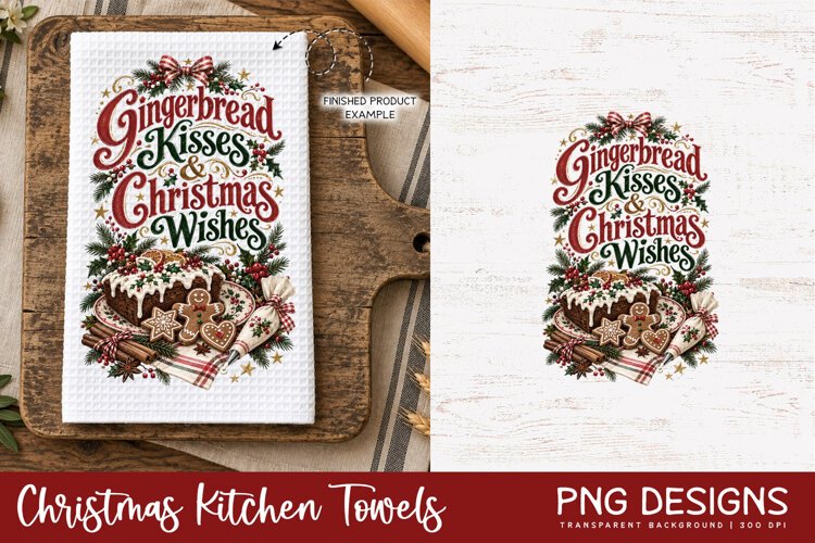 Vintage Christmas kitchen towel PNG sublimation design displayed on a white waffle tea towel mockup, alongside the original digital artwork, perfect for festive kitchen decor and handmade holiday gifts.