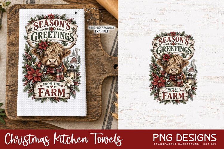 Vintage Christmas kitchen towel PNG sublimation design displayed on a white waffle tea towel mockup, alongside the original digital artwork, perfect for festive kitchen decor and handmade holiday gifts.