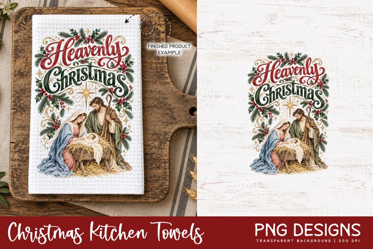 Vintage Christmas kitchen towel PNG sublimation design displayed on a white waffle tea towel mockup, alongside the original digital artwork, perfect for festive kitchen decor and handmade holiday gifts.