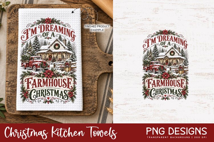 Vintage Christmas kitchen towel PNG sublimation design displayed on a white waffle tea towel mockup, alongside the original digital artwork, perfect for festive kitchen decor and handmade holiday gifts.