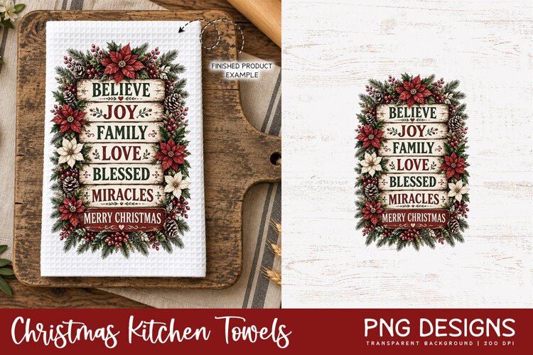 Vintage Christmas kitchen towel PNG sublimation design displayed on a white waffle tea towel mockup, alongside the original digital artwork, perfect for festive kitchen decor and handmade holiday gifts.