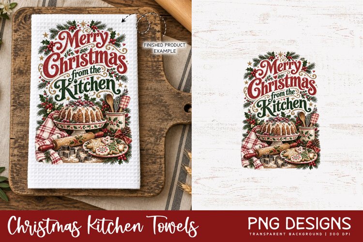 Vintage Christmas kitchen towel PNG sublimation design displayed on a white waffle tea towel mockup, alongside the original digital artwork, perfect for festive kitchen decor and handmade holiday gifts.