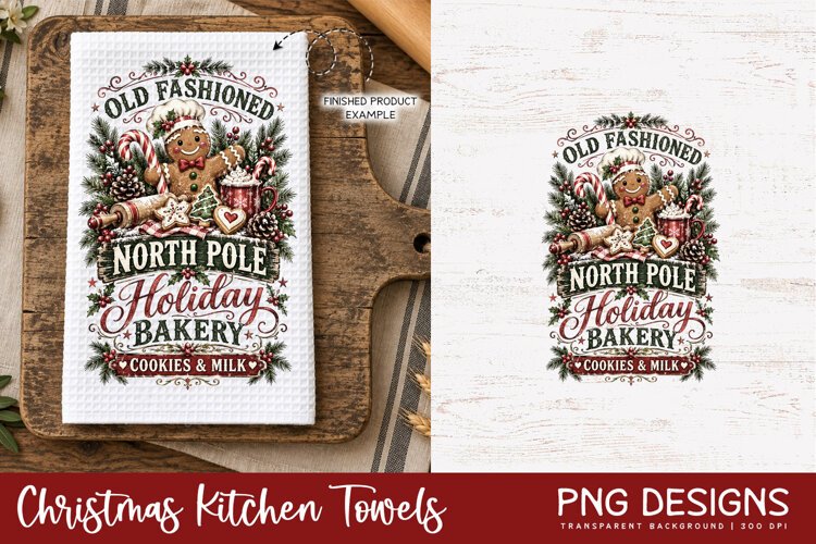 Vintage Christmas kitchen towel PNG sublimation design displayed on a white waffle tea towel mockup, alongside the original digital artwork, perfect for festive kitchen decor and handmade holiday gifts.