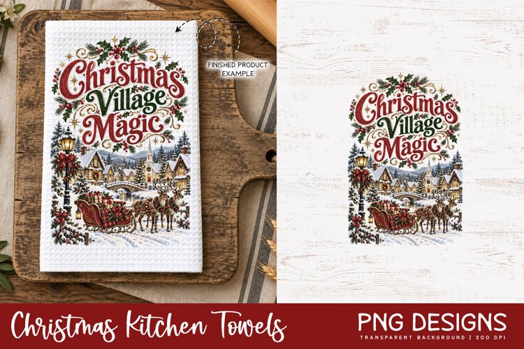 Vintage Christmas kitchen towel PNG sublimation design displayed on a white waffle tea towel mockup, alongside the original digital artwork, perfect for festive kitchen decor and handmade holiday gifts.