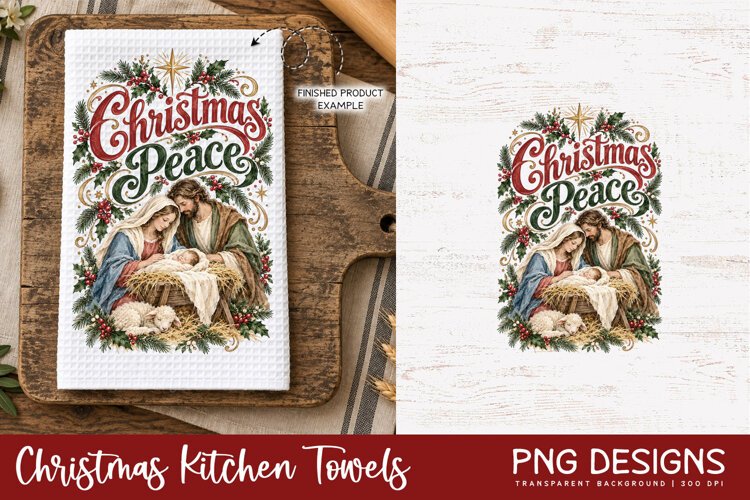 Vintage Christmas kitchen towel PNG sublimation design displayed on a white waffle tea towel mockup, alongside the original digital artwork, perfect for festive kitchen decor and handmade holiday gifts.