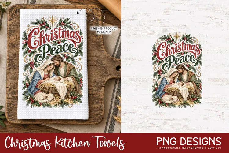 Nativity Christmas Kitchen Towel PNG | Vintage Sublimation
