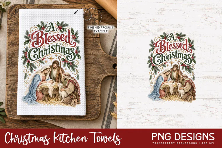 Nativity Christmas Kitchen Towel PNG | Vintage Sublimation