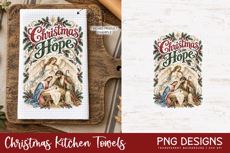 Vintage Christmas kitchen towel PNG sublimation design displayed on a white waffle tea towel mockup, alongside the original digital artwork, perfect for festive kitchen decor and handmade holiday gifts.
