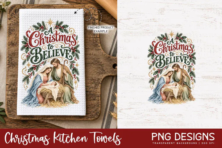 Nativity Christmas Kitchen Towel PNG | Vintage Sublimation