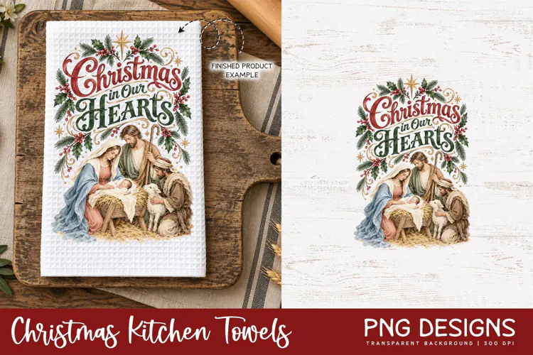 Nativity Christmas Kitchen Towel PNG | Vintage Sublimation