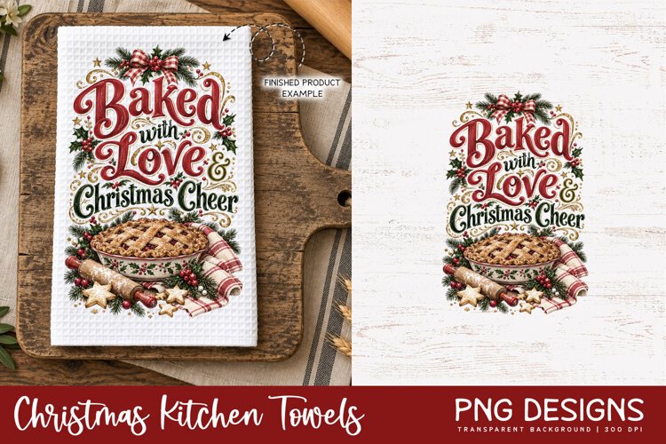Vintage Christmas kitchen towel PNG sublimation design displayed on a white waffle tea towel mockup, alongside the original digital artwork, perfect for festive kitchen decor and handmade holiday gifts.