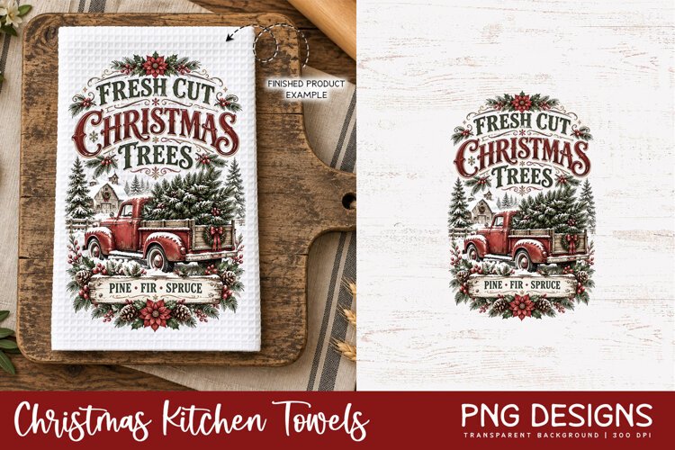 Vintage Christmas kitchen towel PNG sublimation design displayed on a white waffle tea towel mockup, alongside the original digital artwork, perfect for festive kitchen decor and handmade holiday gifts.