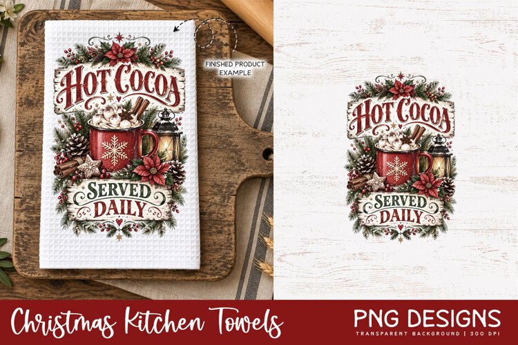 Vintage Christmas kitchen towel PNG sublimation design displayed on a white waffle tea towel mockup, alongside the original digital artwork, perfect for festive kitchen decor and handmade holiday gifts.