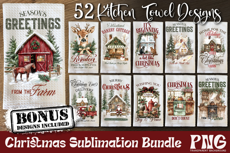 Retro Farmhouse Christmas Baking Kitchen Towel PNG Bundle