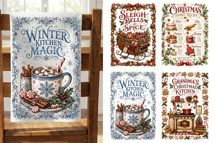 Christmas Kitchen Towels PNG Sublimation Designs 4 Files