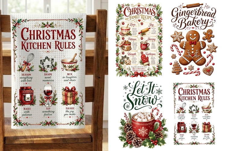 Christmas Kitchen Towels PNG Sublimation Designs 4 Files