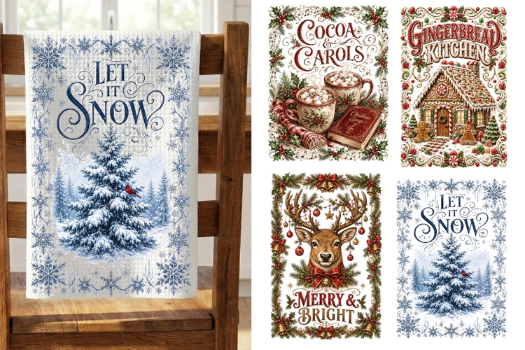 Christmas Kitchen Towels PNG Sublimation Designs 4 Files