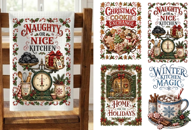Christmas Kitchen Towels PNG Sublimation Designs 4 Files
