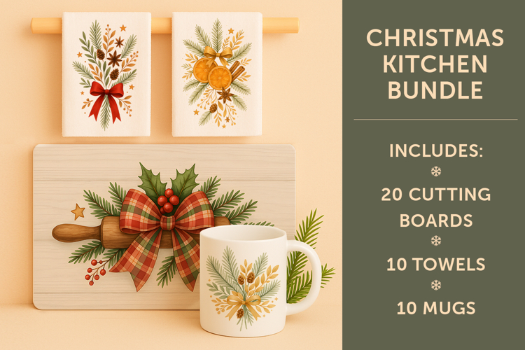 Christmas Kitchen Set, cutting board, Christmas towel, mug
