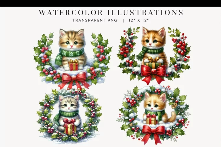 Christmas Kittens Watercolor Clipart