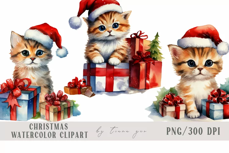 Watercolor Christmas kitty cats with gift box clipart- 3 png
