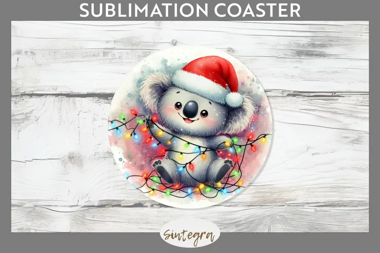 Christmas Koala v1 Entangled in Lights Round Coaster Sublima