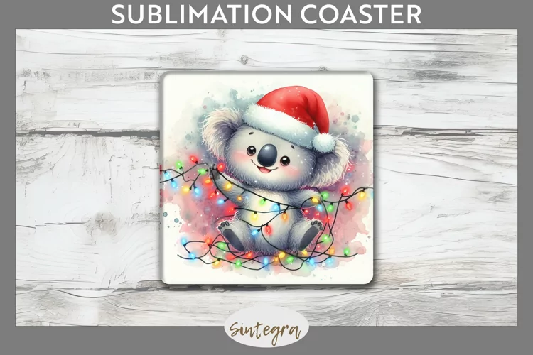 Christmas Koala v1 Entangled in Lights Square Coaster Sublim