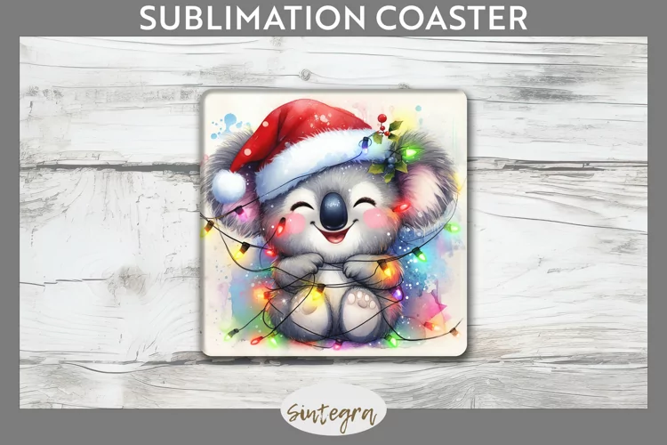 Christmas Koala v2 Entangled in Lights Square Coaster Sublim