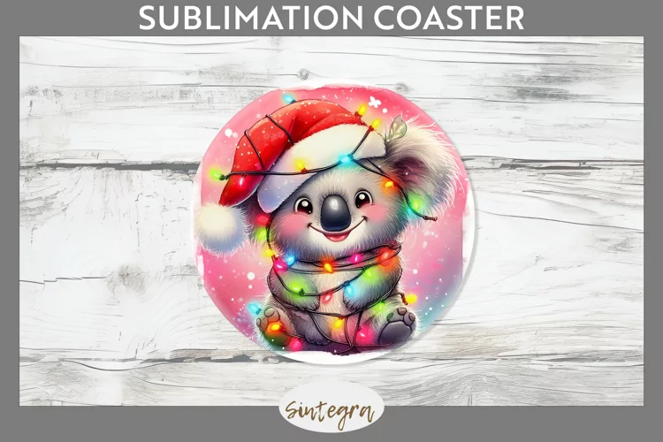 Christmas Koala v4 Entangled in Lights Round Coaster Sublima