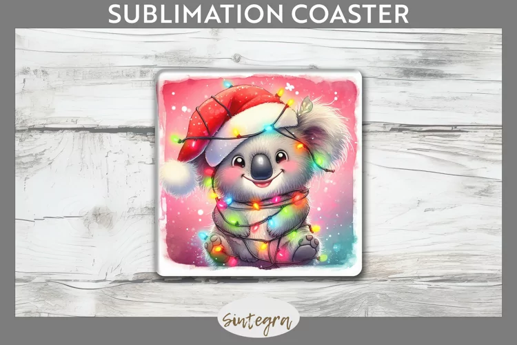 Christmas Koala v4 Entangled in Lights Square Coaster Sublim