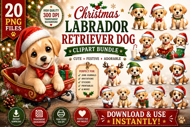 Christmas Labrador Retriever Dog PNG Clipart Bundle