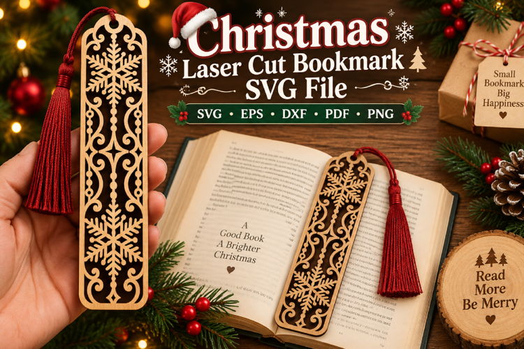 Christmas Laser Cut Bookmark SVG File, Holiday Book Lover