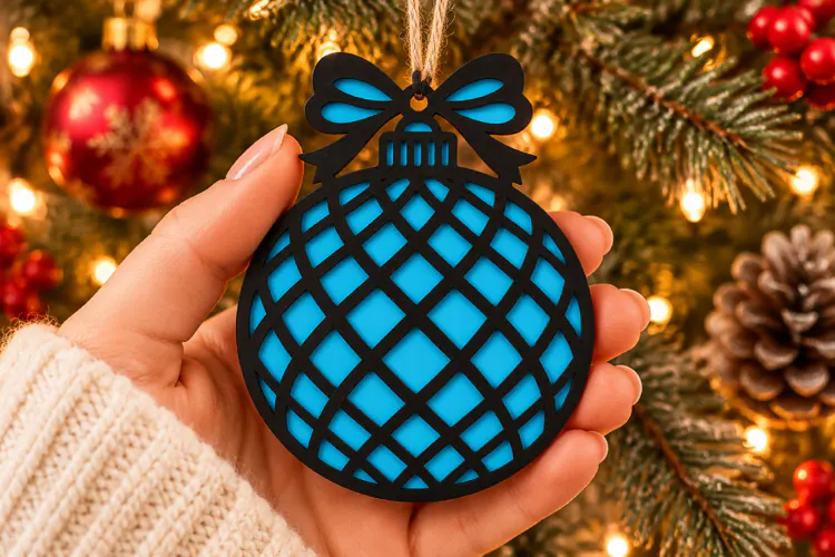 Christmas Lattice Ornament SVG, Laser Cut Bow Bauble