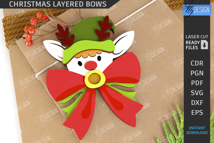 Christmas Layered Bow Laser Cut | Xmas Presents SVG | Elf