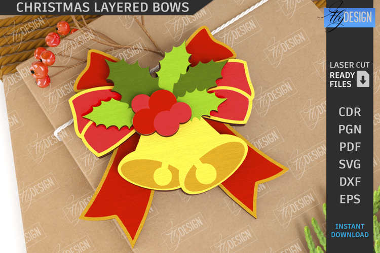 Christmas Layered Bow Laser Cut| Christmas Bells SVG |3D Bow