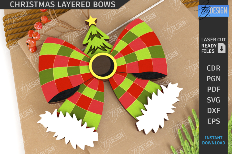 Christmas Layered Bow Laser Cut | Xmas Presents SVG | 3D Bow